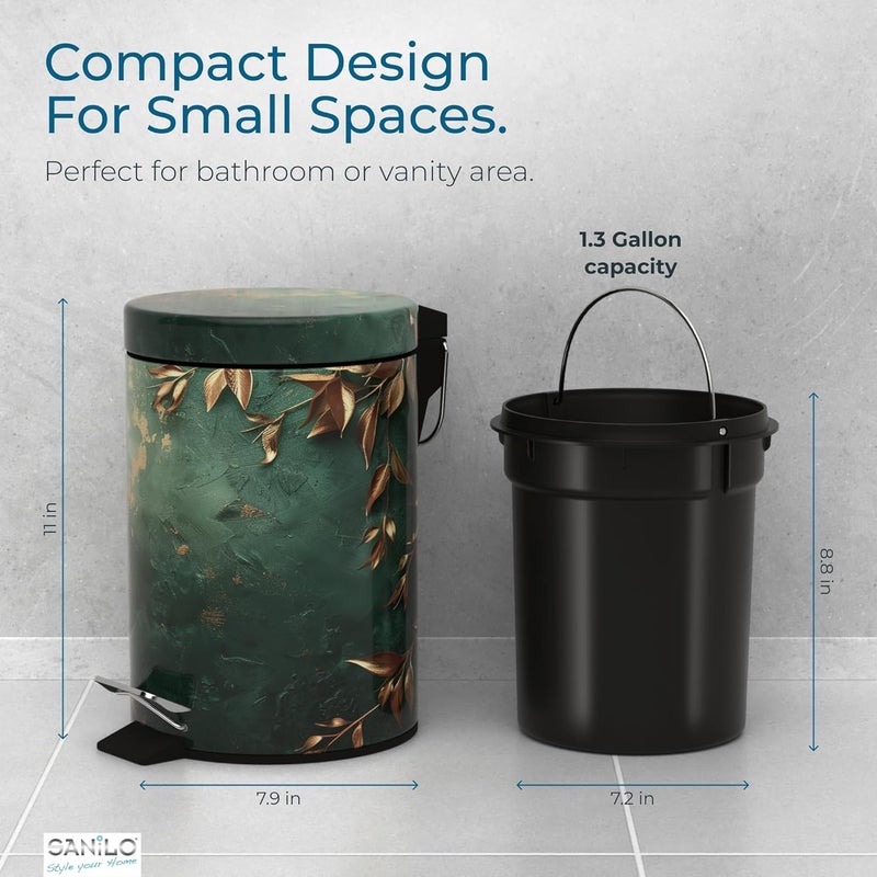 Sanilo Small Bathroom Trash Can with Lid [1.3 Gallon] - Lidded Tiny Trashcan for Garbage - Mini Metal Bin with Soft Closing Mechanism - Bath Room Accessoire Wastebin with Inner Bucket (Greego) - Image 5
